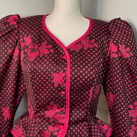 Vintage Leslie Lucks Structured Puff Sleeve Peplum Pink & Black Floral 12 - Picture 2 of 8